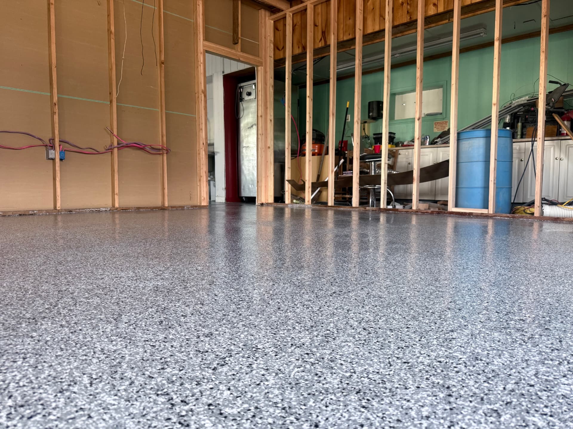 Glossy flake floor in shop remodel